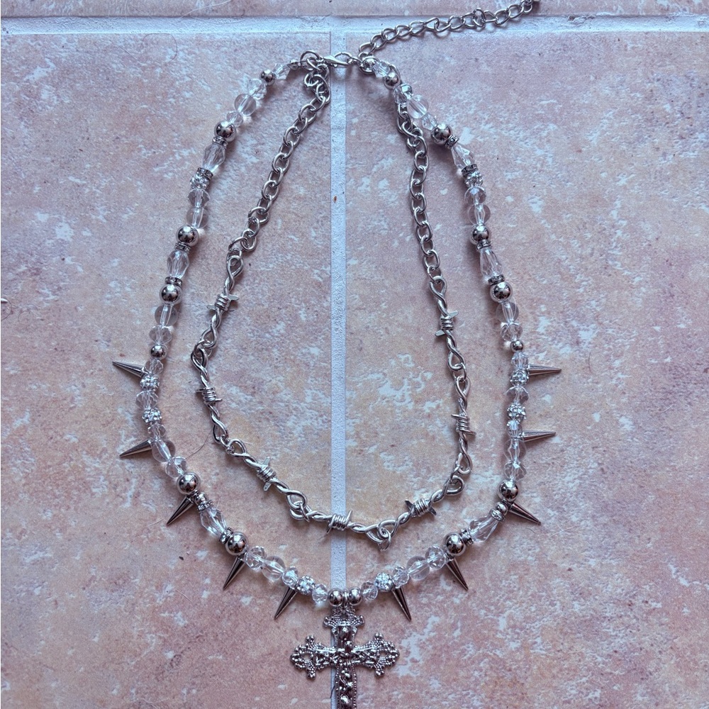 Silver Layered Necklace with Cross Pendant